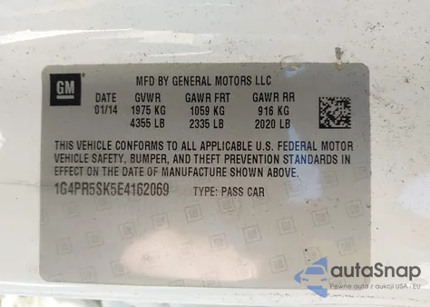 2014 Buick Verano Convenience Group from USA, damaged, VIN 1G4PR5SK5E4162069